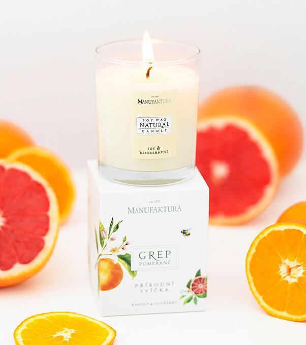 Prírodná sójová sviečka Radosť & osvieženie – GREP & POMARANČ
